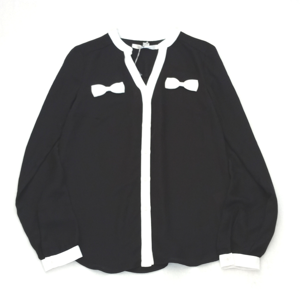 NWT Lauren Conrad Black Semi Sheer Long Sleeve Blouse with 2 Delicate Bows - Picture 1 of 7
